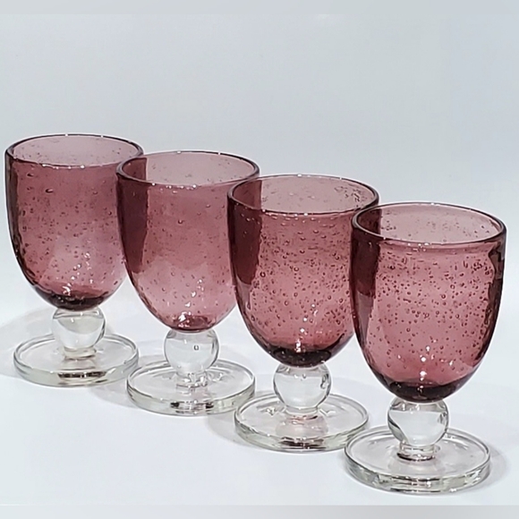 4pc Set Mouth-Blown 12oz Amythest Purple Bubbles Goblets - Picture 4 of 7